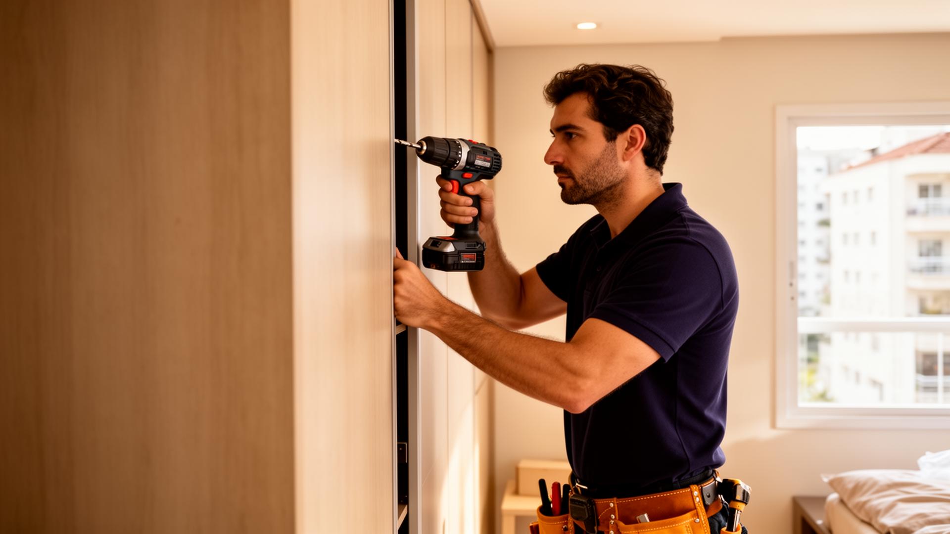 Montador de móveis profissional instalando guarda-roupa em apartamento em São Paulo